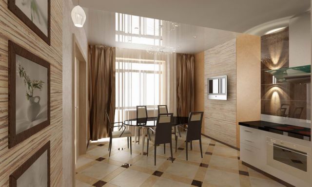 Глянцевый потолок на кухне – 9 кв. м